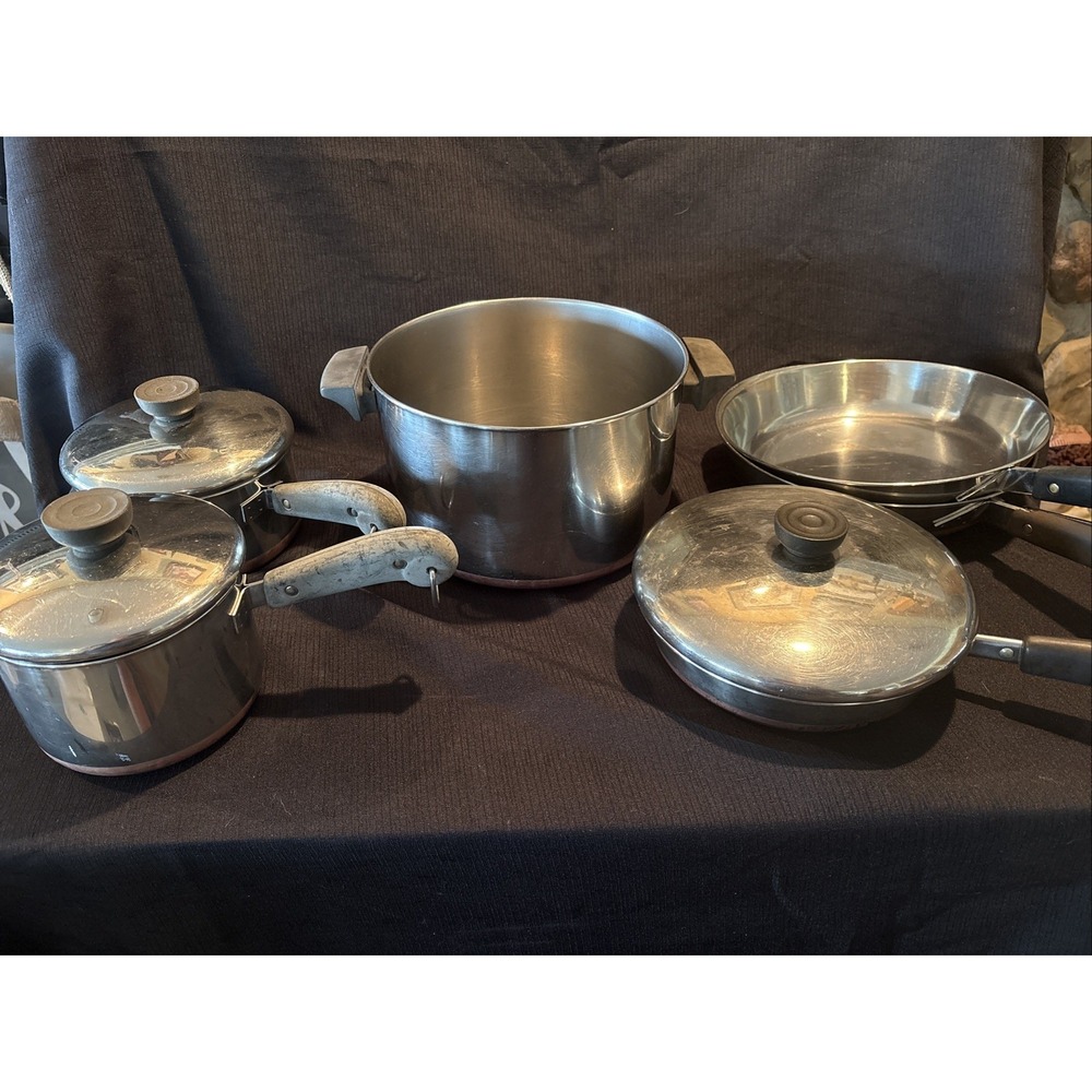 9 Pieces Revere Ware Copper Bottom Pots & Pans
